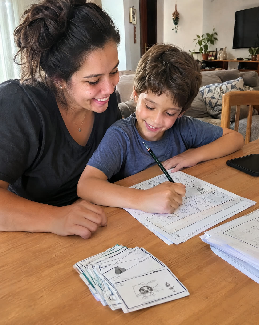 Mãe e filho sentados à mesa fazendo juntos uma atividade impressa, com o celular virado para baixo e ignorado no canto