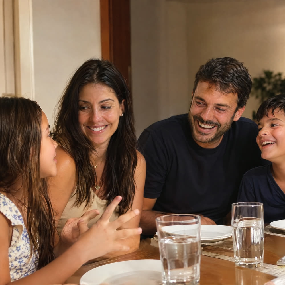 Família brasileira jantando junta à mesa, conversando e rindo, sem nenhum celular ou tablet à vista